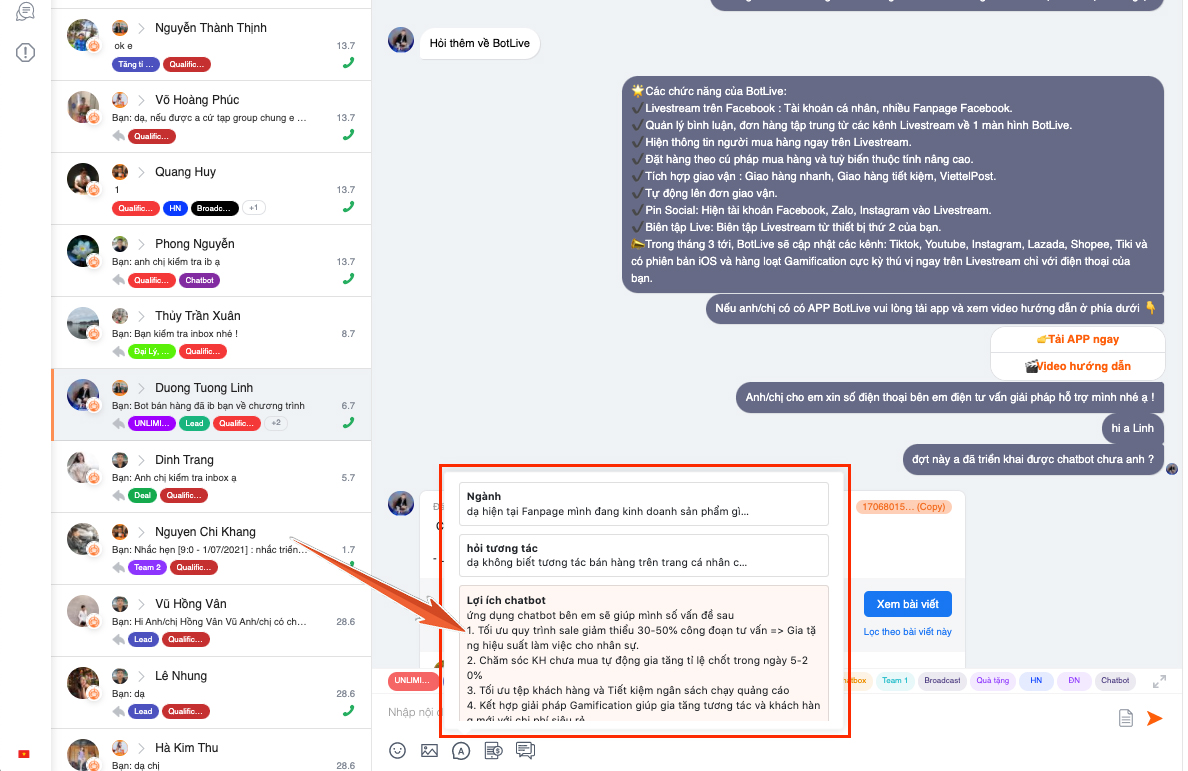 Trả lời nhanh trên chatbox Bot Bán Hàng
