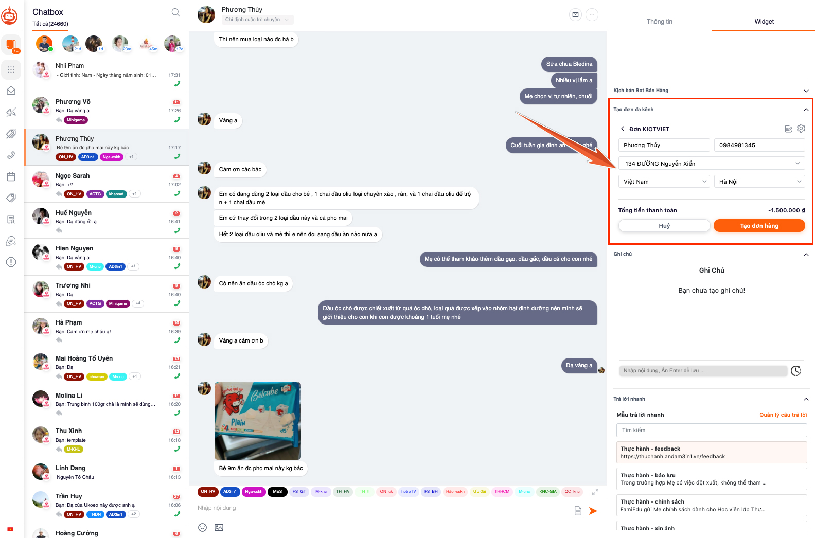 Tự động lên đơn trên chatbox Bot Bán Hàng